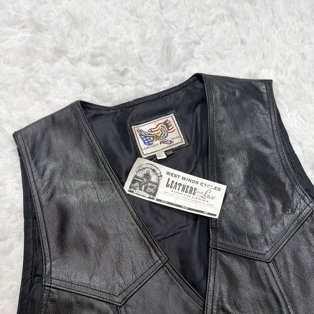 Vintage Leather Vest Mens 3XL Black Lace Sides Moto Western VTG 90's Snap Front
